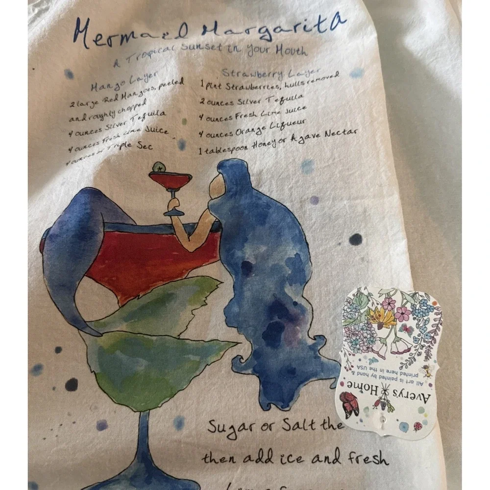Averys Home Mermaid Margarita Recipe Tea Towel NWT